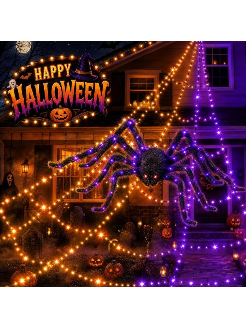 550 LED Halloween Spider Web Lights for Outdoor Decor - Creepy & Fun!